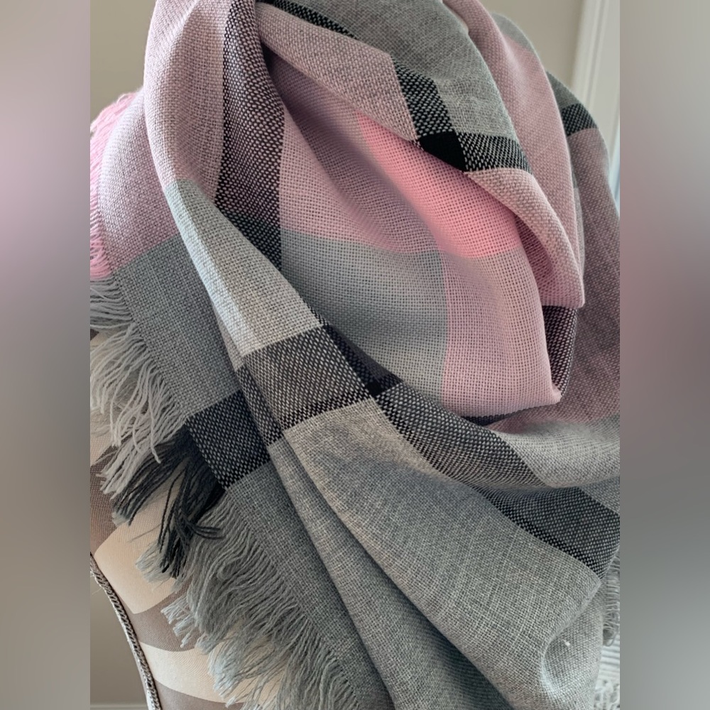 Oversized Square blanket scarf soft Pink and soft Gray fringed 47” x 47”